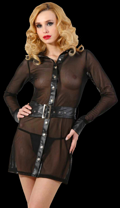 transparentes minikleid mantel gürtel schwarz druckknopfleiste manschetten wetlook spielerspelunke