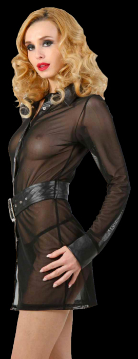 Preview: transparentes minikleid mantel gürtel schwarz druckknopfleiste manschetten wetlook spielerspelunke