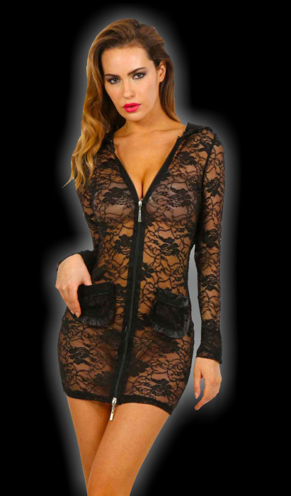 transparentes minikleid aus spitze schwarz mit kapuze