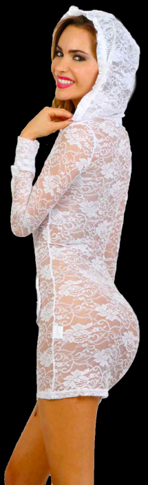 Preview: transparentes minikleid aus spitze weiß mit kapuze