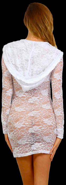 Preview: transparentes minikleid aus spitze weiß mit kapuze