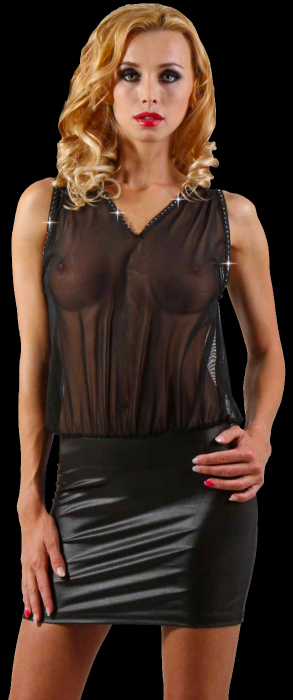 Preview: wetlook minirock transparentes mesh top ärmellos kapuze v-ausschnitt spielerspelunke