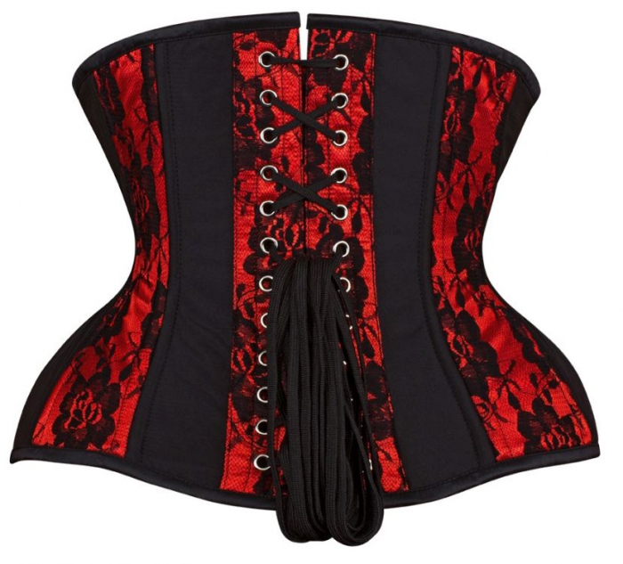 Preview: kurviges unterbrustkorsett roter taft mit schwarzem spitzen overlay