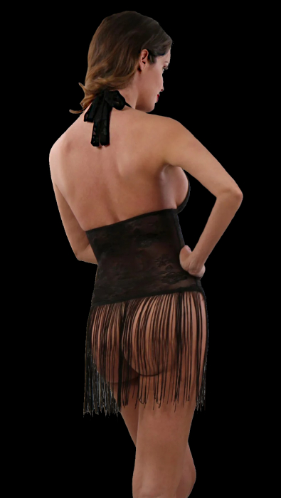 Preview: transparentes minikleid aus schwarzem mesh mit schrägem tüll-rocksaum