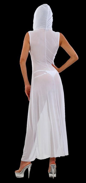 Preview: lange robe mit kapuze weiss transparent vorn zum binden boutiqueburlesque