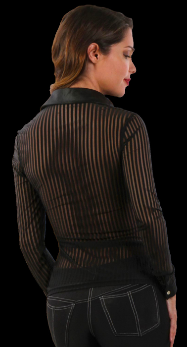 Preview: damenbluse schwarz mit transparenten streifen und wetlook