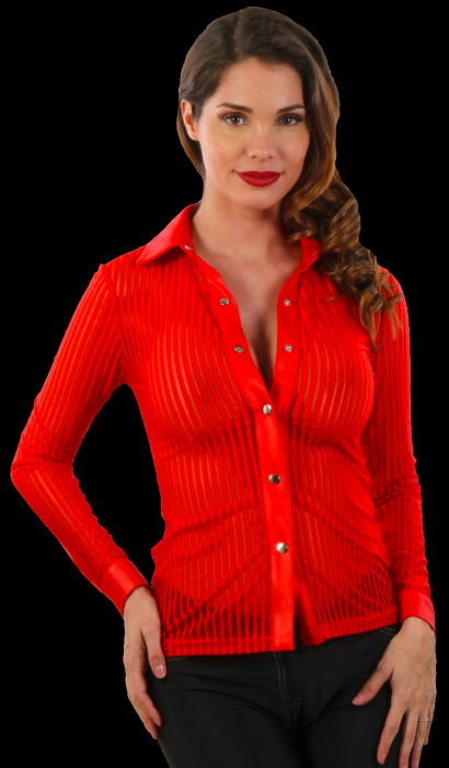 Preview: damenbluse rot mit transparenten streifen und wetlookarenten streifen und wetlook