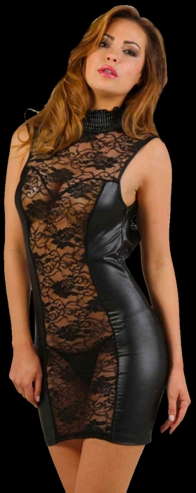 wetlook minikleid schwarz mit spitzeneinsätzen vorn und hinten rückenfrei stehkragen spielerspelunke