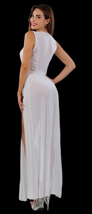 Preview: langes transparentes Kleid weiß hochgeschlitzt mit seitlichen Spitzeneinsätzen boutiqueburlesque