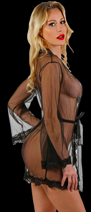 Preview: transparenter kimono aus schwarzem tüll mit schwarzer spitze besetzt spielerspelunke