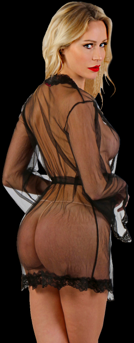 Preview: transparenter kimono aus schwarzem tüll mit schwarzer spitze besetzt spielerspelunke