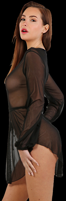 Preview: Hauchzartes, durchgehend transparentes Minikleid, tief ausgeschnitten, mit langen Puffärmeln und Taillengürtel