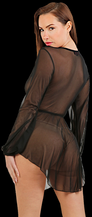 Preview: Hauchzartes, durchgehend transparentes Minikleid, tief ausgeschnitten, mit langen Puffärmeln und Taillengürtel