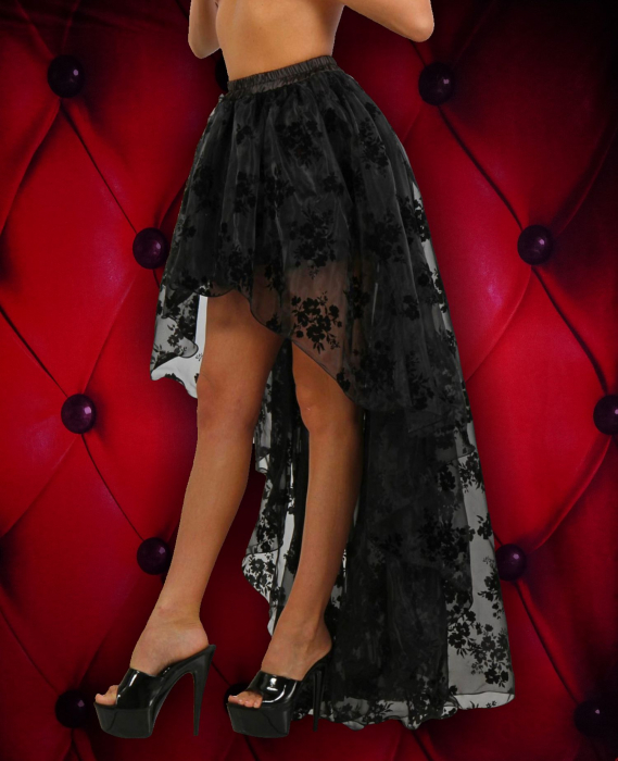 Preview: transparenter tuellrock schwarz blumenmuster vorn kurz hinten lang