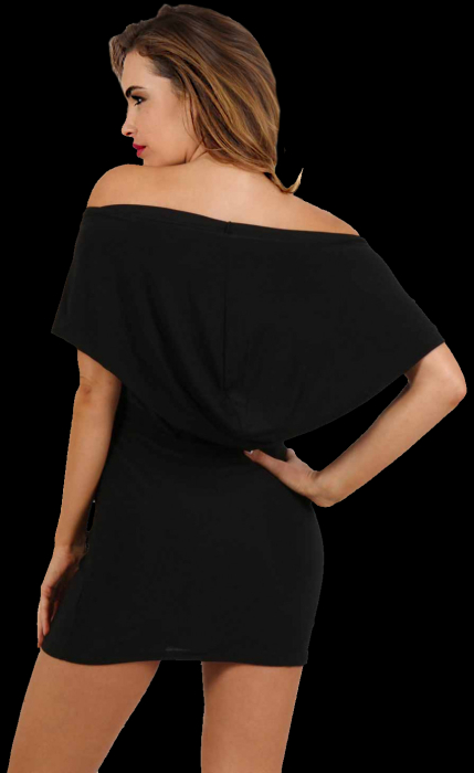 Preview: Minikleid mit Kapuze und Schmuckelement im tiefen Dekolleté, schwarz, schulterfrei und rückenfrei