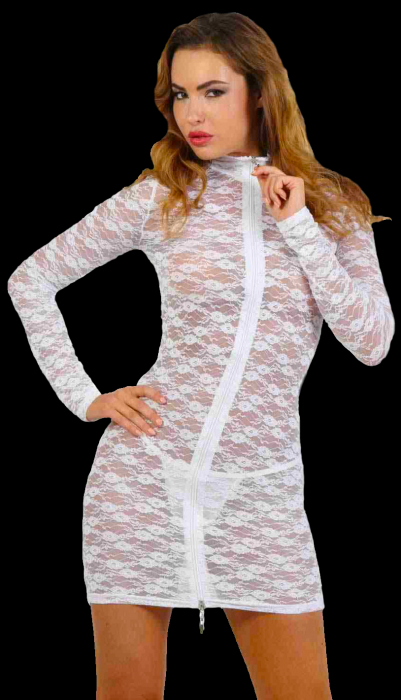 Preview: transparentes minikleid aus spitze weiss mit durchgehendem reissverschluss vorn