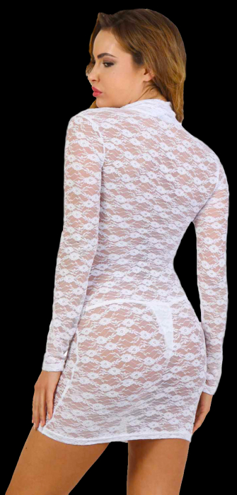 Preview: transparentes minikleid aus spitze weiss mit durchgehendem reissverschluss vorn