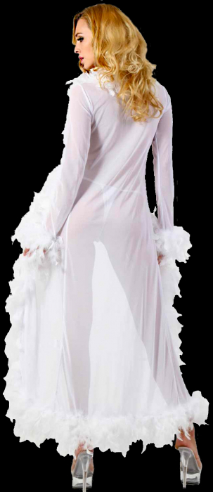 Preview: transparenter kimono morgenmantel weiss tüll mit schwarzen federn besetzt spielerspelunke