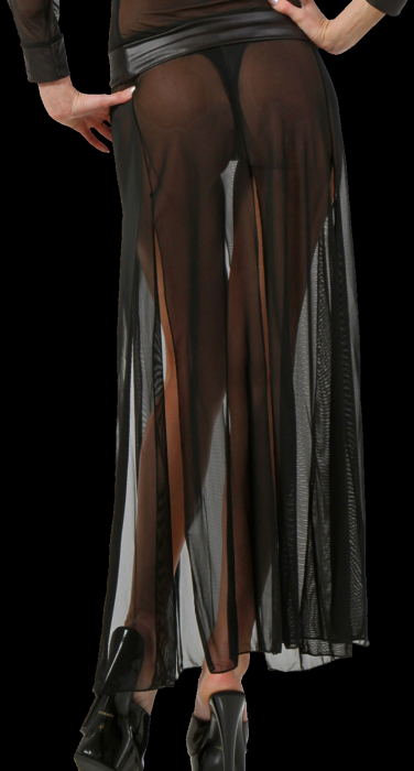 Preview: schwarzer langer transparenter burlesque gothic rock hochgeschlitzt mit wetlook bund