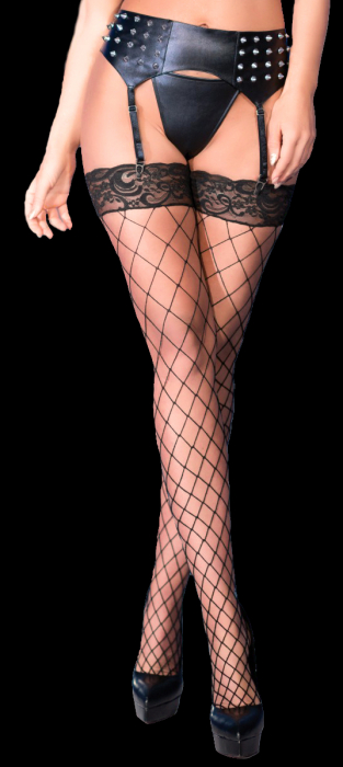 halterlose damen netzstrümpfe schwarz spitze rautenmuster lingerie dessous spielerspelunke