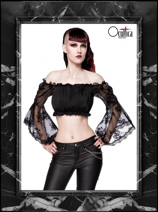 crop top bluse schwarz bauchfrei schulterfrei schwarz transparente trompetenärmel florales muster spitzensaum spielerspelunke