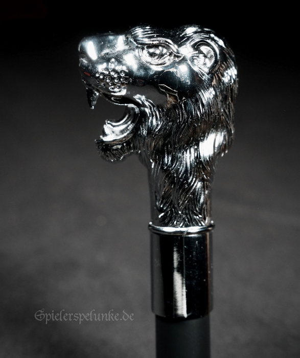 Preview: Gehstock schwarz mit silberfabenem Löwenkopfgriff und Gummifussmuffe, 95cm lang, Gothic, Steampunk, Burlesque