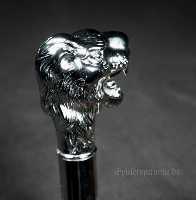 Preview: Gehstock schwarz mit silberfabenem Löwenkopfgriff und Gummifussmuffe, 95cm lang, Gothic, Steampunk, Burlesque