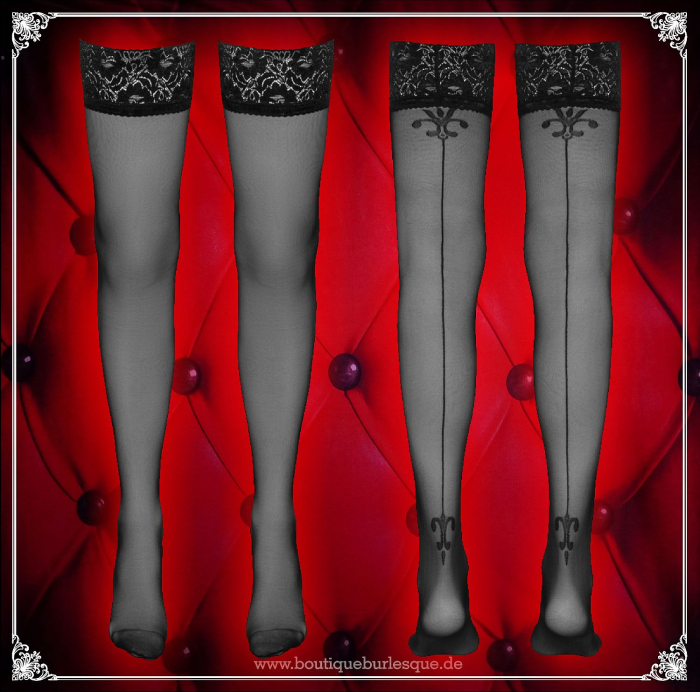 Preview: halterlose strümpfe schwarz mit naht und lilienornament dessous straps boutiqueburlesque