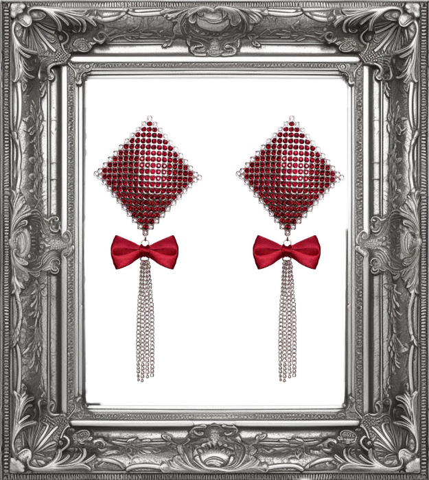 Preview: nippelsticker silbrig rot quadratisch mit kettchen und schleifchen boutiqueburlesque