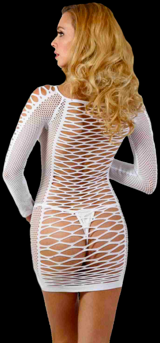 Preview: sexy minikleid weiß mit langen ärmeln und netzausschnitten partykleid spielerspelunke
