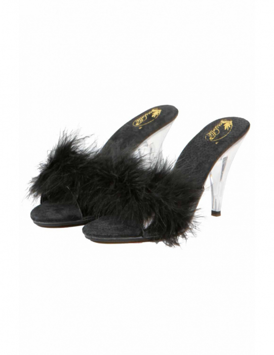 Preview: mule shoes pantoletten low heel transparent mit lackleder und federn spielerspelunke