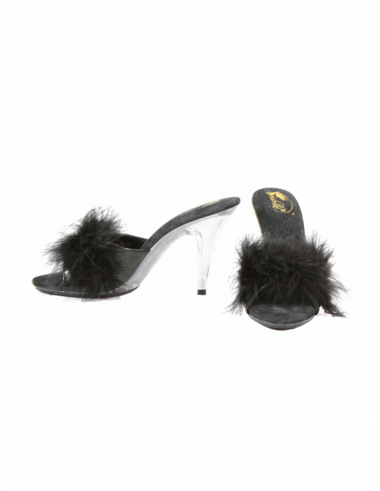 Preview: mule shoes pantoletten low heel transparent mit lackleder und federn spielerspelunke