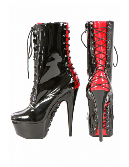 Preview: burlesque plateau high heel stiefelette lack schwarz rot korsettschnürung spielerspelunke