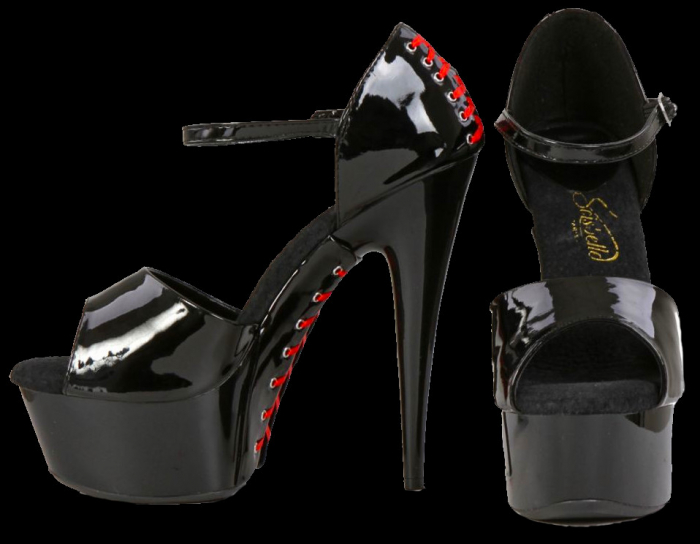 Preview: burlesque plateau high heel sandale lack schwarz rot korsettschnürung spielerspelunke
