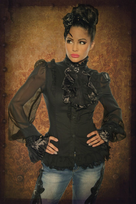 rueschenbluse spitze jabot stegkragen schwarz