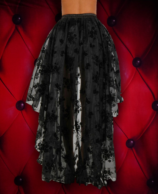transparenter tuellrock schwarz blumenmuster vorn kurz hinten lang