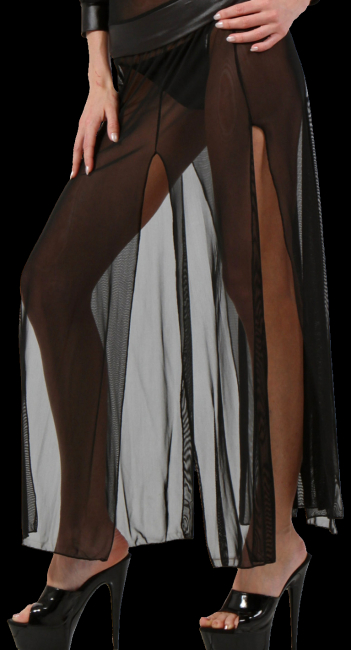schwarzer langer transparenter burlesque gothic rock hochgeschlitzt mit wetlook bund