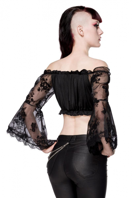 crop top bluse schwarz bauchfrei schulterfrei schwarz transparente trompetenärmel florales muster spitzensaum spielerspelunke