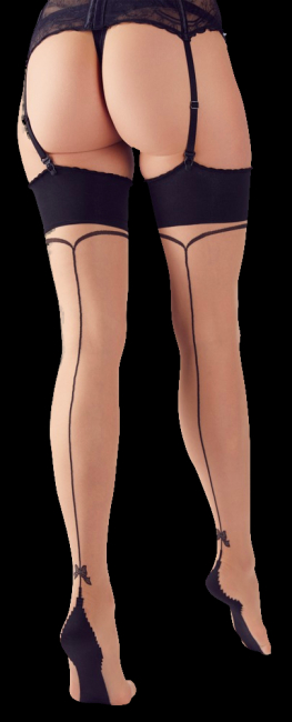 strapsstrümpfe nude mit schwarzer naht und schleifenornament hinten dessous straps boutiqueburlesque