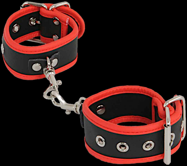 kunstleder handschellen schwarz rot mit karabinerhaken