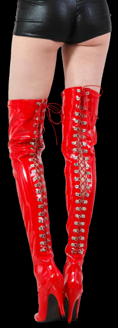 rote lack overknee stiefel high heel mit schnuerung hinten