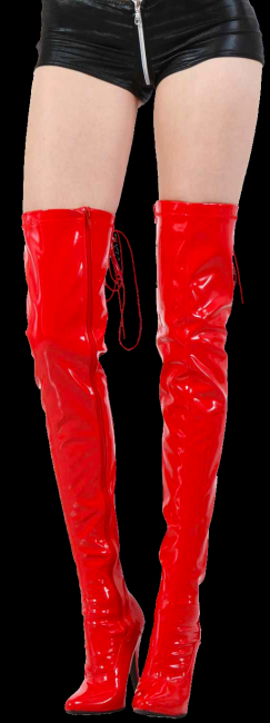 rote lack overknee stiefel high heel mit schnuerung hinten