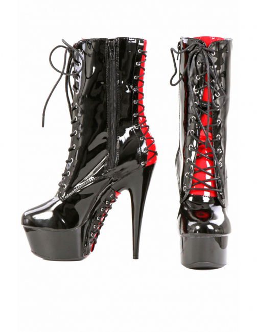 burlesque plateau high heel stiefelette lack schwarz rot korsettschnürung spielerspelunke