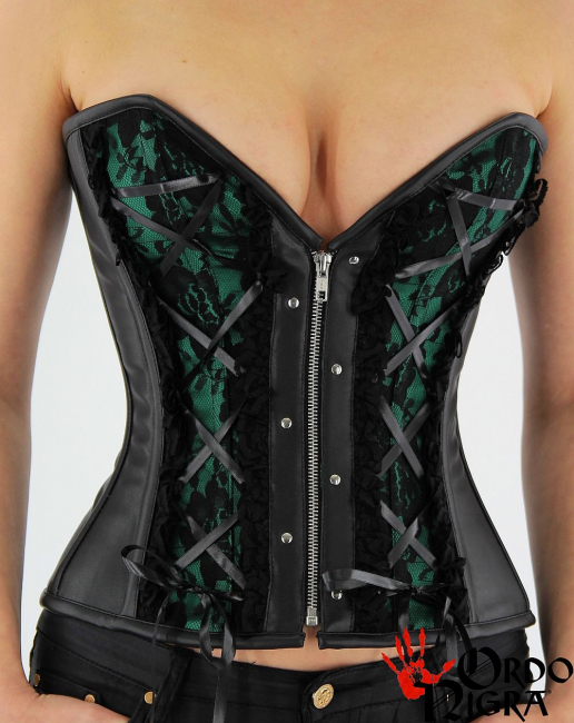 vollbrustkorsett mit reißverschluss kunstleder satin schwarzer spitze