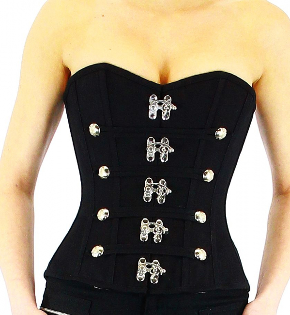 vollbrustkorsett mit riegelverschluss schwarzer baumwoll twill