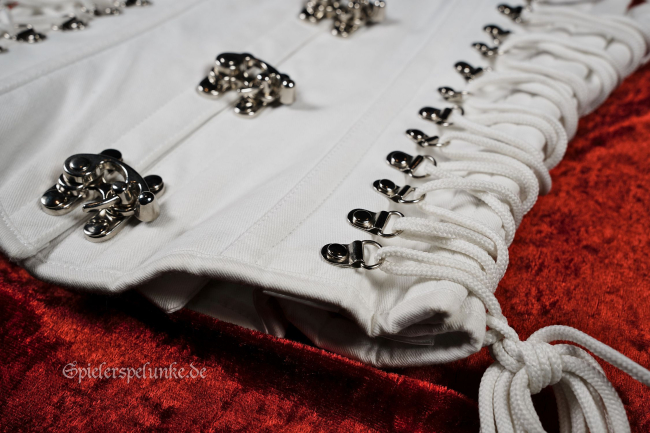 Unterbrustkorsett Taft weiss mit C-Locks vorn, Schnürung hinten und Zierschnürungen seitlich