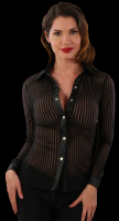 Damenbluse mit Druckknöpfen schwarz in transparenter Streifenoptik mit Kragen, Bünden und Knopfleiste im Wetlook