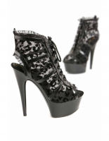 Burlesque High Heel Stiefelette im viktorianischen Stil mit Mesh und Leopardenmuster, lackschwarze Plateausohle