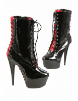 Burlesque High Heel Plateau Stiefelette Lack rot-schwarz mit Schnürung in Korsett Optik